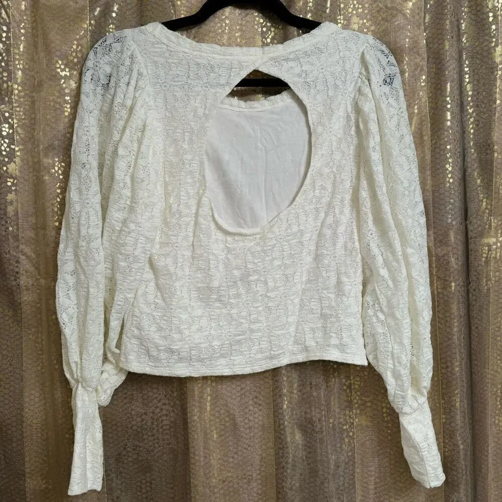 Free People Jasmine Tea Time Long Puff Lace‎ Sleeve Open Back Top Ivory Medium